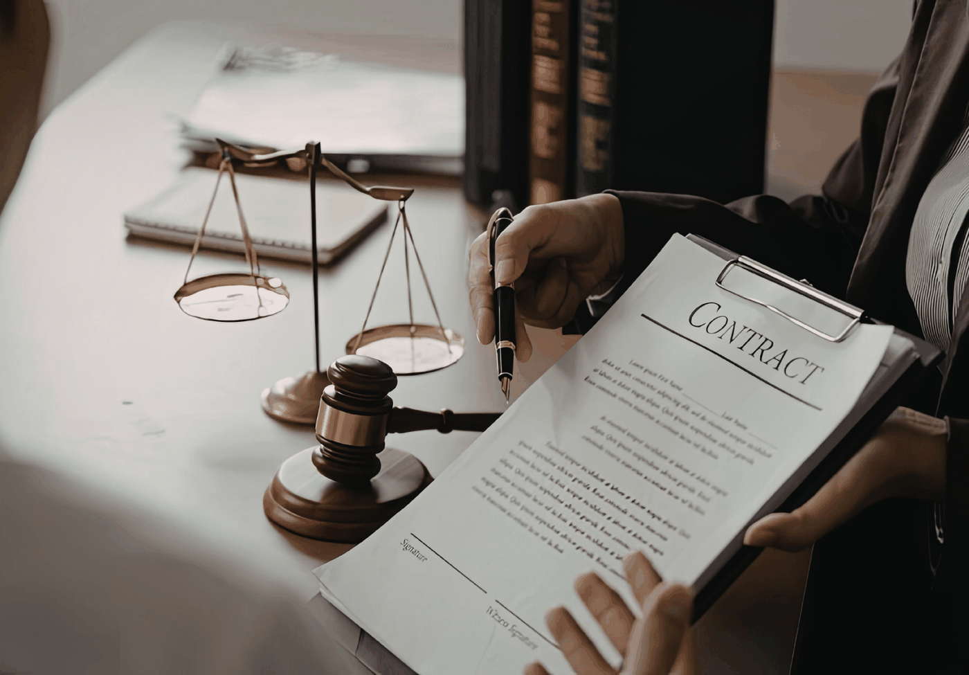 A contract shown by an attorney in an attorneys office, focusing on compliance