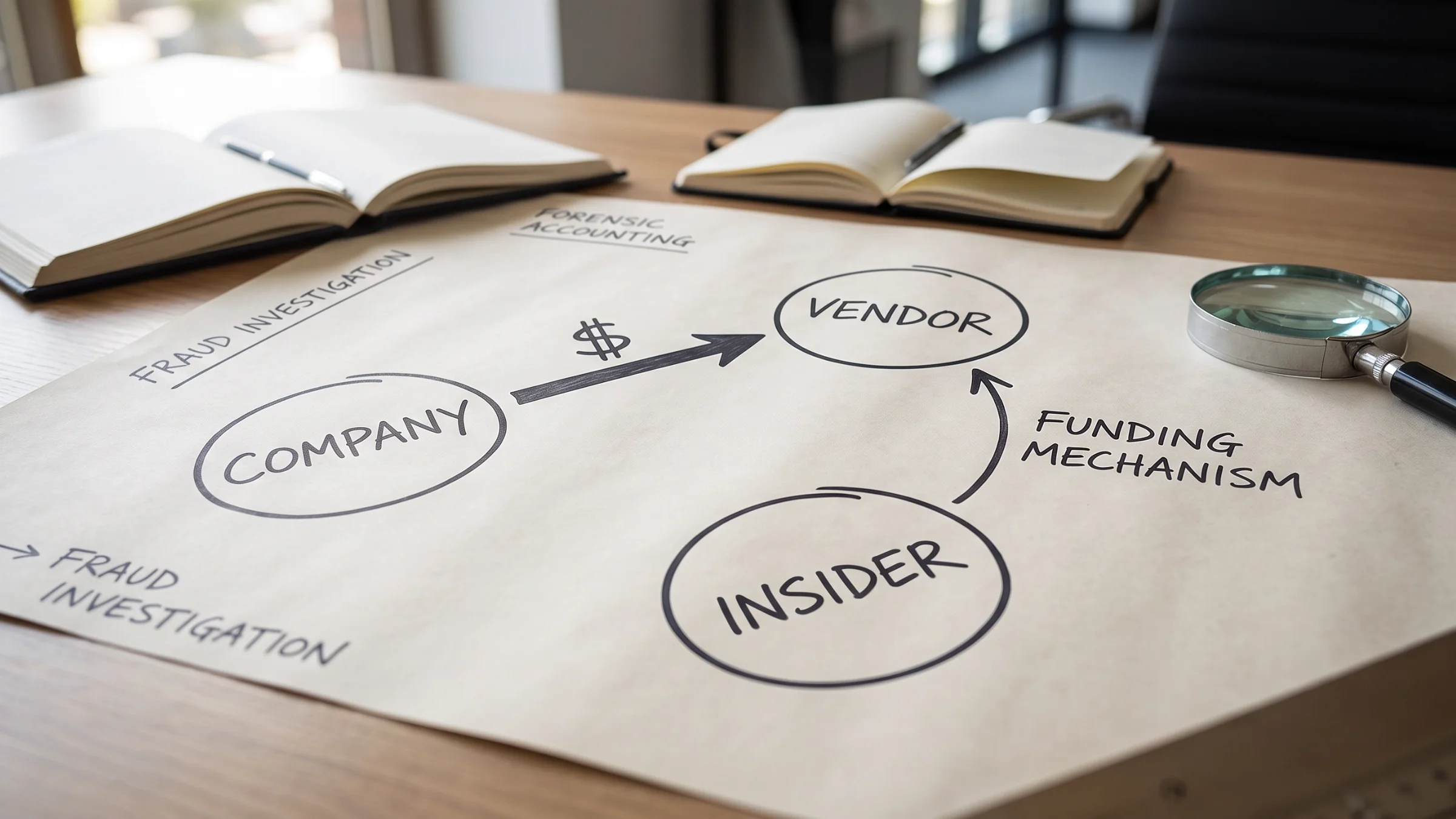 A graphic showing the three-party structure of a procurement kickback and the funding mechanism that connects them